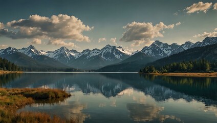 Panoramic mountain range with a lake in the foreground.