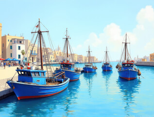 Serene Greek Harbor Landscape: Colorful Ships with Blue Hulls Under a Bright Sky
