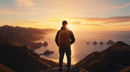 Fototapeta premium A traveler overlooks a stunning coastal sunset, surrounded by nature's beauty.