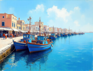 Fototapeta premium Serene Greek Harbor Landscape: Colorful Ships with Blue Hulls Under a Bright Sky