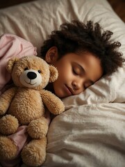 Peaceful child sleeping with a teddy bear in a cozy bed.