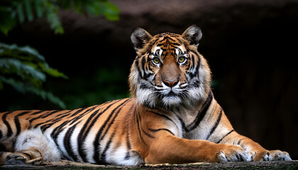 Obraz premium A majestic tiger rests gracefully under a lush green canopy, exuding power and serenity. The vibrant stripes and piercing eyes capture the wild essence of this magnificent creature.