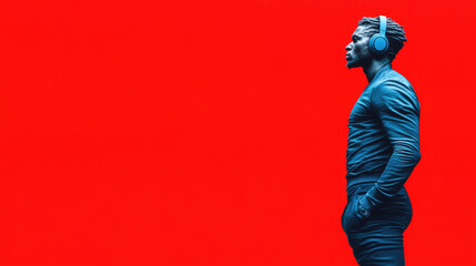 Obraz premium Stylish man with headphones against vibrant red background