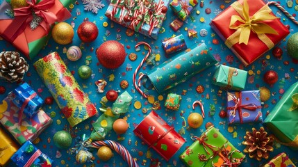 Fototapeta premium A vibrant holiday gift-wrapping scene showcasing colorful wrapping paper, ribbons, and decorative tags scattered across a table. 