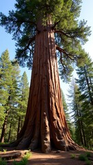 Majestic sequoia tree with towering trunk and thick furrowed bark in lush forest setting