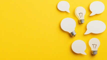 Paper speech bubbles and light bulb icon on a bright yellow background