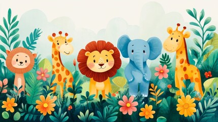 Naklejka premium Fun jungle scene with playful animals like lions, tigers, giraffes, and elephants. Bright, cheerful flowers and leaves