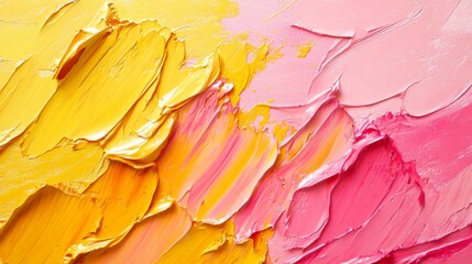 Intricate oil paint brush strokes in yellow and pink, creating an abstract and textured background, ideal for art prints and wallpaper