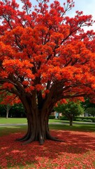 Naklejka premium Vibrant red and orange royal poinciana tree in full bloom with fallen petals below
