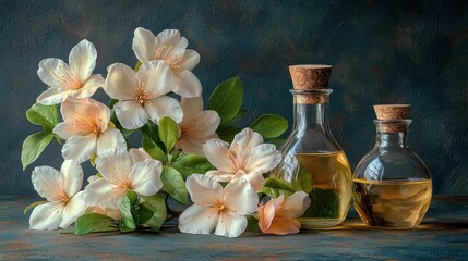 Obraz premium A sprig of white flowers with two glass bottles of essential oil on a wooden table.