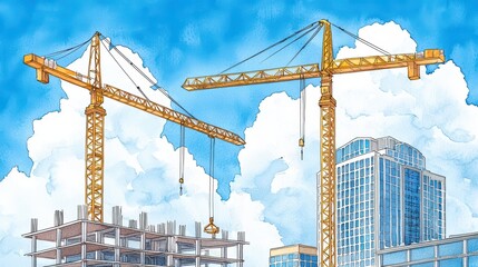 Fototapeta premium Construction scene with cranes and buildings against a blue sky, perfect for urban development themes.