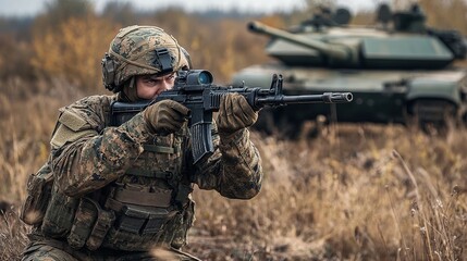 Fototapeta premium Soldier in tactical gear aiming a rifle in a field, with a tank in the background during a military operation