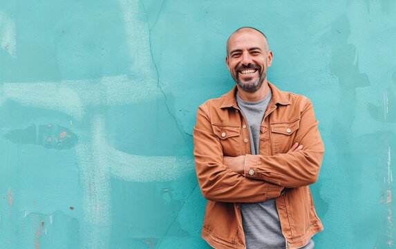 Happy man in front of turquoise wall