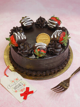 Chocolate cake garnished with strawberry