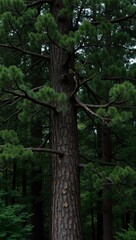 Majestic black pine tree with dense needles sturdy trunk and cones in a deep green forest
