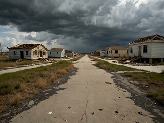 Ruined homes post-hurricane in deserted area.