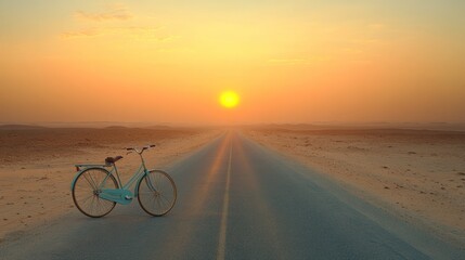 A turquoise bicycle sits on an empty road leading to a sunset in the desert.