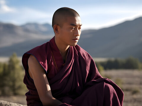 Retrato de un joven monje budista tibetano con la cabeza rapada y túnica granate
