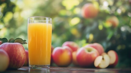 Fototapeta premium Fresh apple juice in a glass with apples displayed in the background