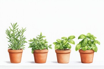 Fototapeta premium Four pots with fresh herbs on a white isolated background.