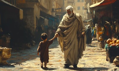 Obraz premium Elderly man leads young boy through market.