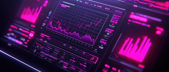 Obraz premium Futuristic data analysis screen with pink graphs and digital interfaces.