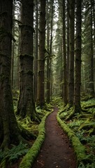 Fototapeta premium Serene forest path lined with moss and tall trees.