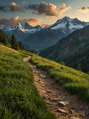 Obraz premium Serene mountain landscape with a pathway.