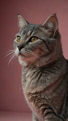 Fototapeta premium Serious gray cat on a pink background.