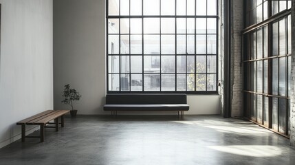 Obraz premium A minimalist industrial living room with a large metal-framed window, raw concrete floors, a dark gray sectional, and a simple wooden bench