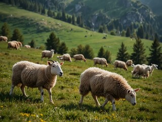 Obraz premium Sheep and goats grazing on a mountain pasture.