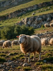 Fototapeta premium Sheep grazing on rocky terrain in Moldova.