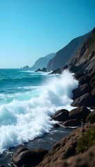 Obraz premium The waves crash on a rocky coastline with a clear blue sky in the background