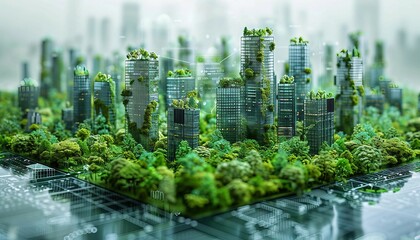 Naklejka premium Smart City 3D Master Plan, a city model with engineers interacting with the 3D visualization of transportation systems, green spaces, smart energy hubs.