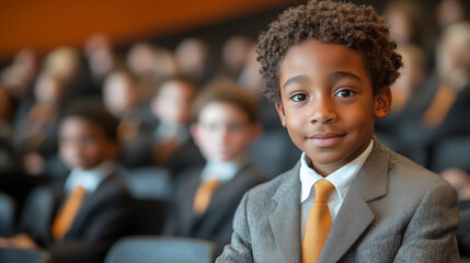 Young student in formal attire smiling at academic event, confident portrait