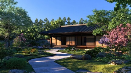 Tranquil Japanese Garden with Traditional House