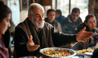Man with grey beard gestures at food with others.