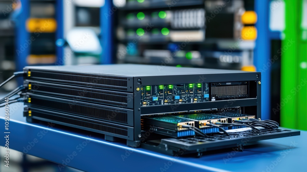 Poster high-performance server hardware with multiple components displayed on a blue table, suitable for it