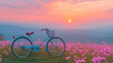 Fototapeta premium A vintage blue bicycle stands in a field of pink cosmos flowers at sunrise.