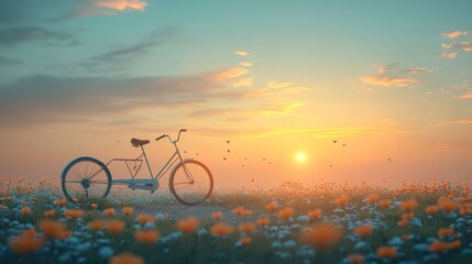 Fototapeta premium A white bicycle sits in a field of flowers as the sun sets in the background.