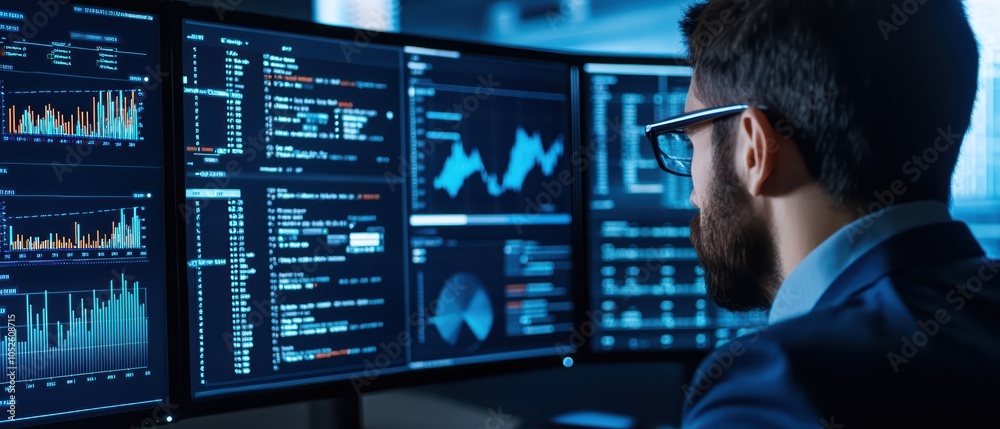 Poster man in suit analyzing data on multiple screens in a modern office environment.