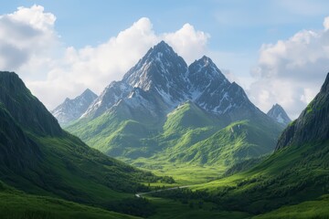 Fototapeta premium Majestic mountains surrounded by lush greenery under a bright sky, showcasing nature's beauty and tranquility.