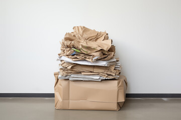 Stack of papers and paper packaging collected at home or at an office for recycling. Reduce, reuse, recycle.