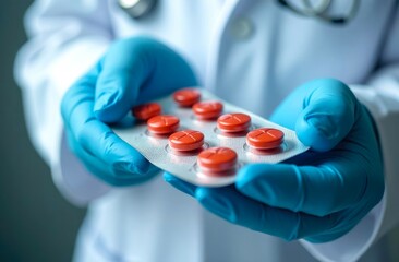 Close-up Doctor Hand Holding Packaging of Red Tablets, against a softly blurred background. Concept of Medicine and Health. Medicines for the treatment of the patient