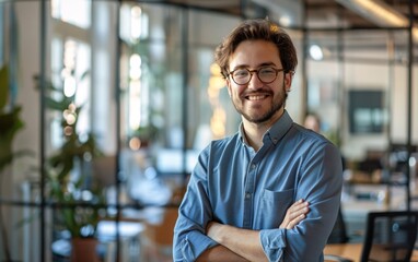 Obraz premium Smiling young businessman standing in a modern office