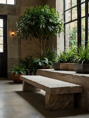 Stone bench surrounded by plants indoors.