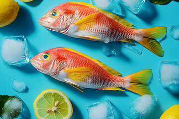Naklejka premium Rouget, poisson frais avec citron et glace