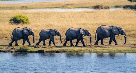Naklejka premium African Elephant Family at Sunset: Majestic Wildlife in Iconic African Landscape