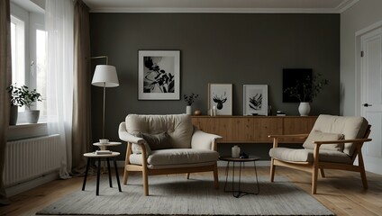Fototapeta premium Stylish Scandinavian living room with a design armchair.