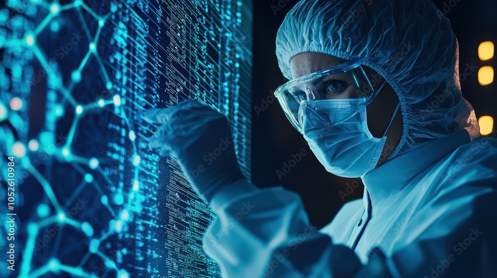 Poster scientist analyzing data on a digital screen in a lab environment with advanced technology.